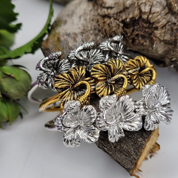 RHODIUM Cuff Bracelet Hibiscus Flowers Antique Rhodium Plating - Picture 11 of 11